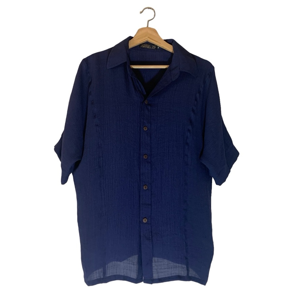 Gaya Navy Blue Womens Button Down Short Sleeve Silk Blend Blouse Size Medium